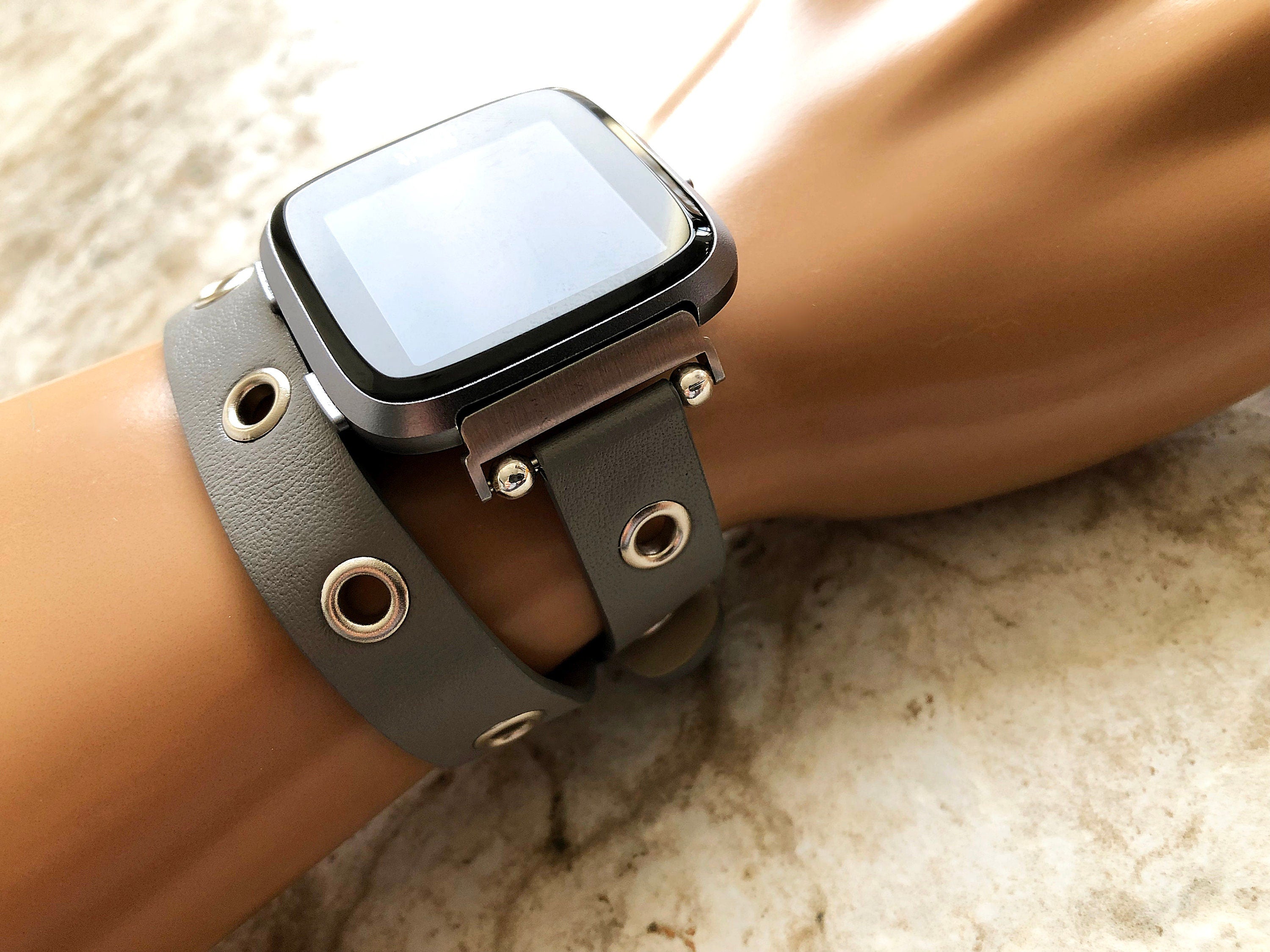 Fitbit Grommets Band for Versa 2 3 4 Sense 2 Gray Eco Leather Watch Strap Double Wrap Around Wrist Bracelet Silver Rose Gold Black Buckle